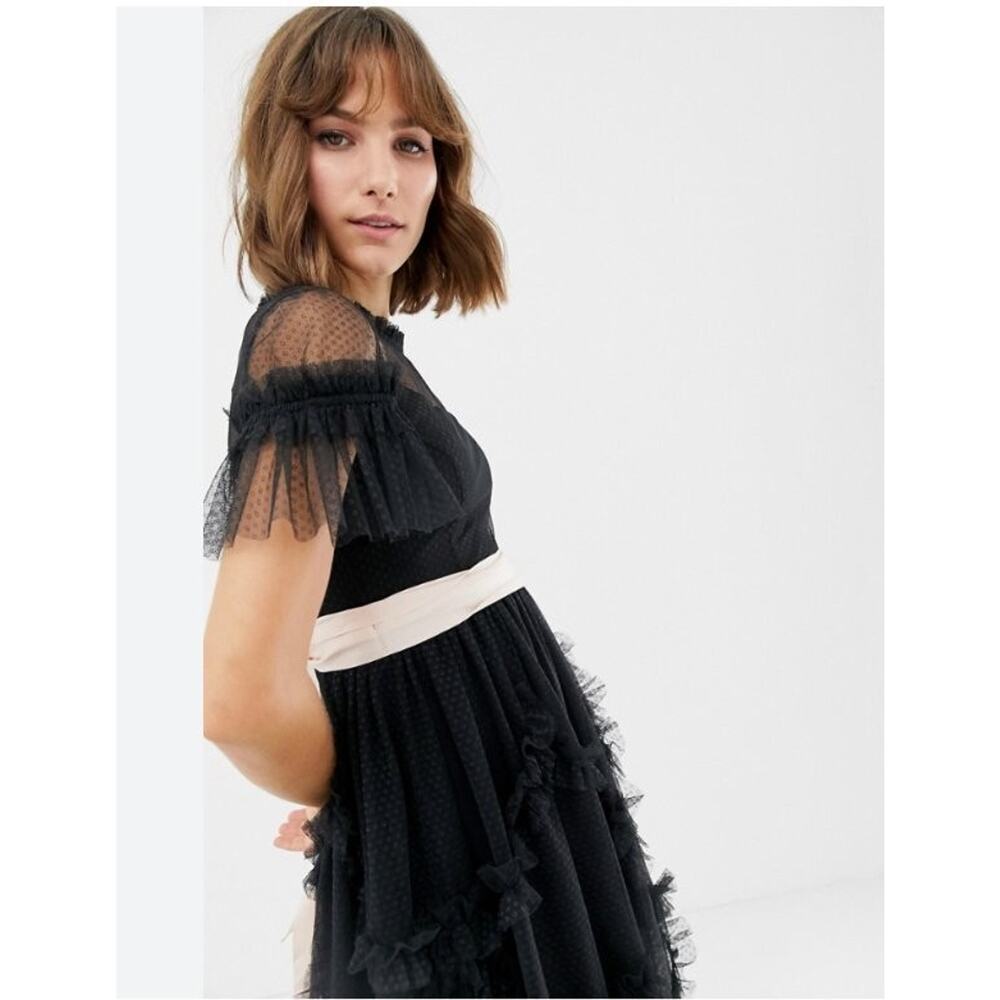 Black Tulle Midi Dress with Ivory Waist Sash